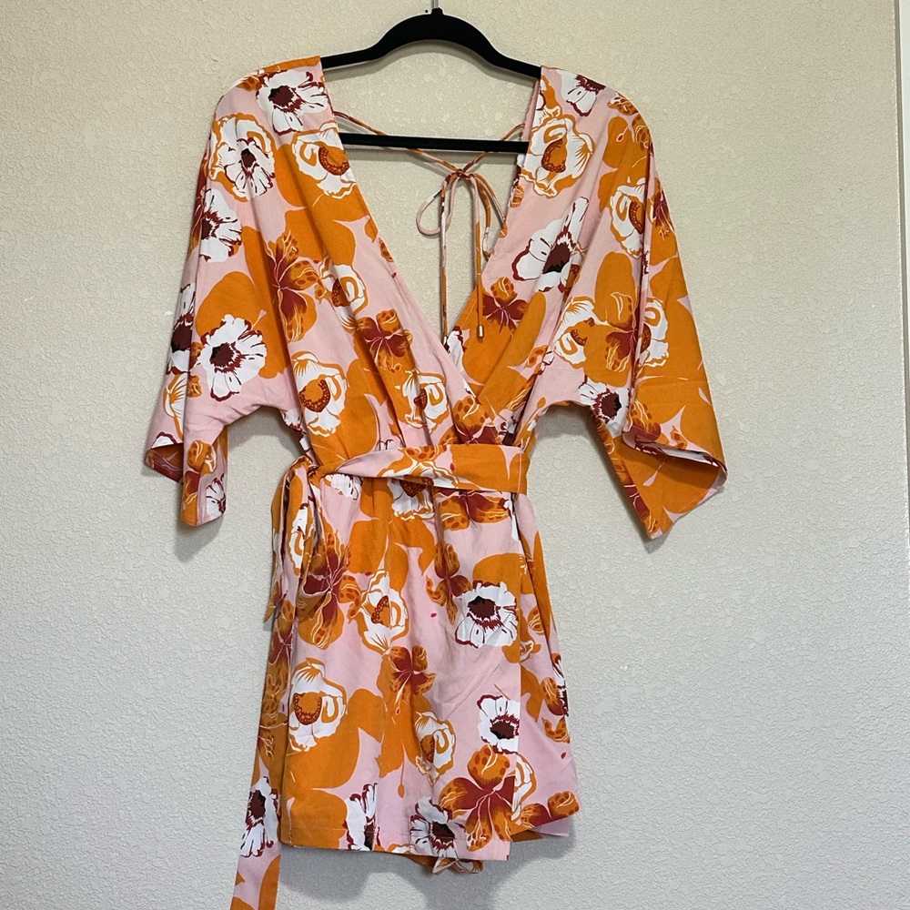 Hello Molly Pink and Orange Floral Romper Wrap Dress - Picture 2 of 11